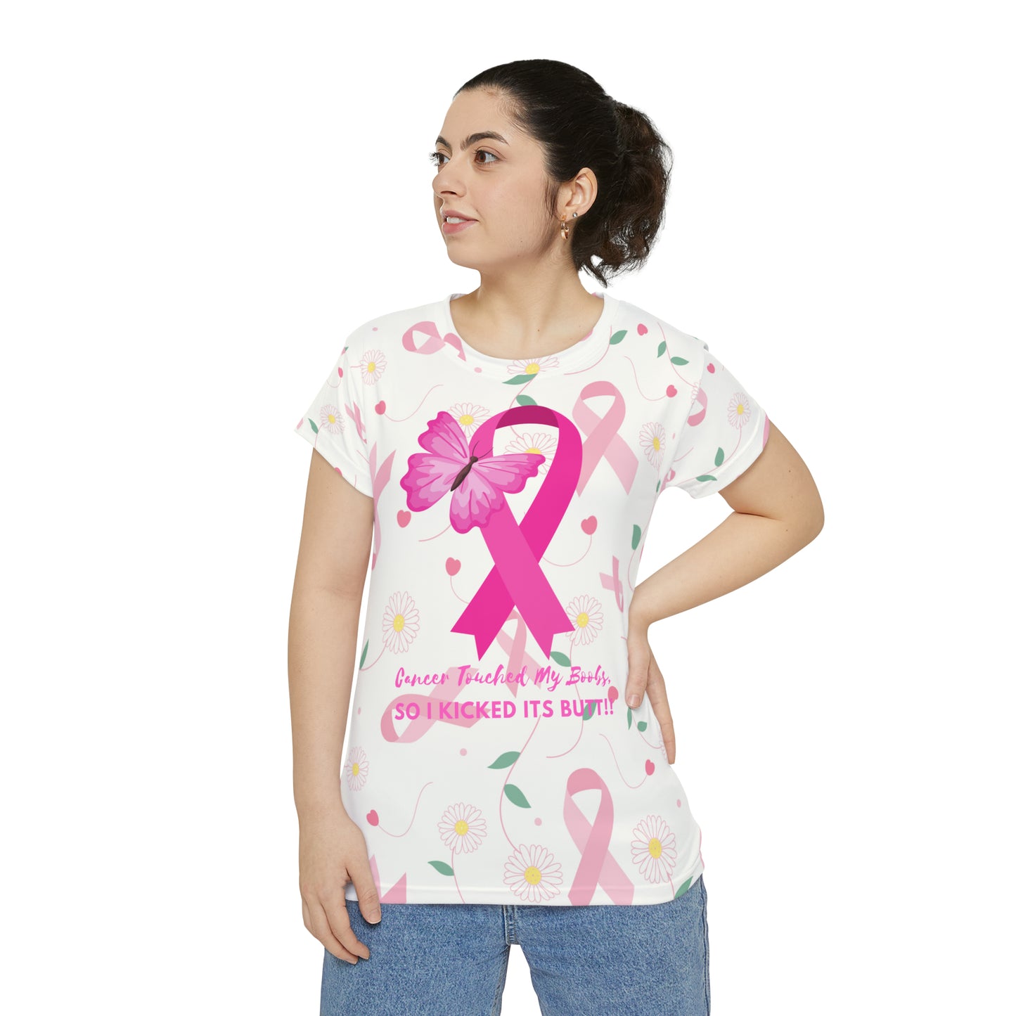 Cancer Touched my Boobs, so I kicked its Butt Allover Women's Short Sleeve Shirt